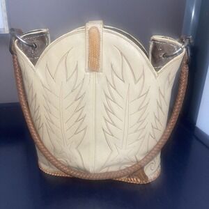 Rare Vintage Dan Post Leather Cowboy Boot Purse Beige & Brown w/ Lasso handle